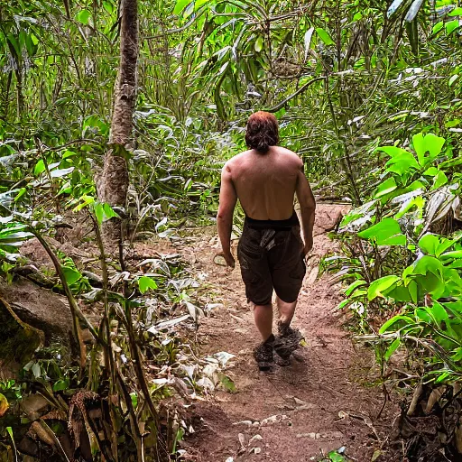 Image similar to george washington cave man, piercing eyes, walking towards camera in the jungle, wildlife camera