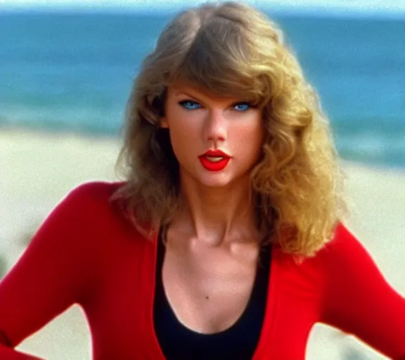 Image similar to color still shot of taylor swift on baywatch 1 9 8 9 tv show, face closeup,