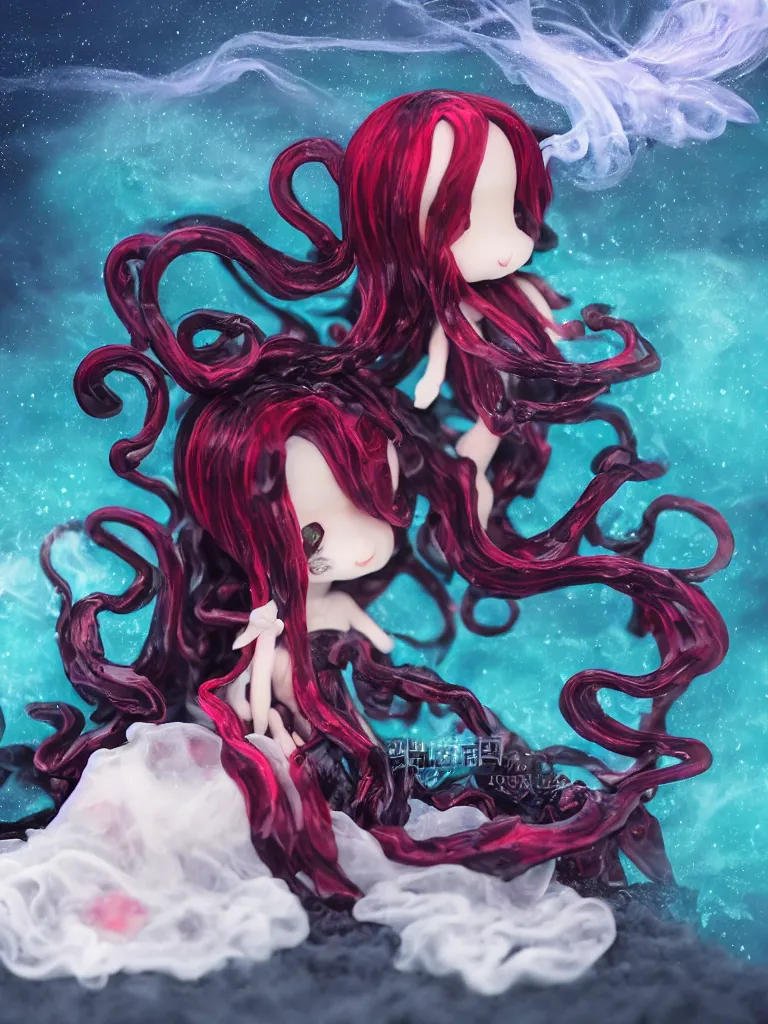 Image similar to cute fumo plush chibi gothic translucent octopus maiden princess girl washing her hair in the waves of the wavering dark galactic abyss, long black and red ruffled intricate dress with ribbons, ocean wave thunderstorm and reflective splashing water, wisps of smoke and haze and volumetric fog, ocean simulation, vignette, vray