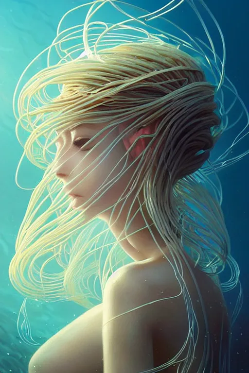 Image similar to beautiful spaghetti jellyfish goddess underwater, ethereal art deco, fantasy, intricate art deco ocean designs, elegant, highly detailed female, sharp focus, art by artgerm and beeple and greg rutkowski and wlop