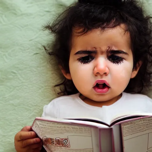 Image similar to arabic baby with a beard crying reading a book