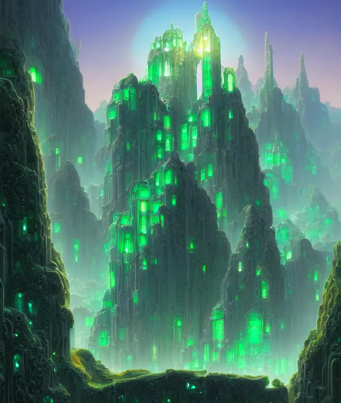 Image similar to a detailed digital painting of a crystalline palace made of gleaming emeralds, by moebius and tyler edlin and lee madgwick, trending on artstation, digital art, 4 k resolution, detailed, beautiful render, octane render, high quality, sharp focus, hq artwork, coherent, insane detail, concept art