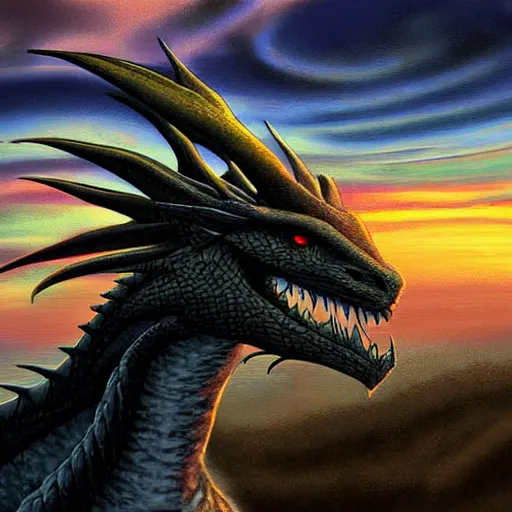 Prompt: dragon looking towards the sky at sunset, portrait, digital art, inspiring