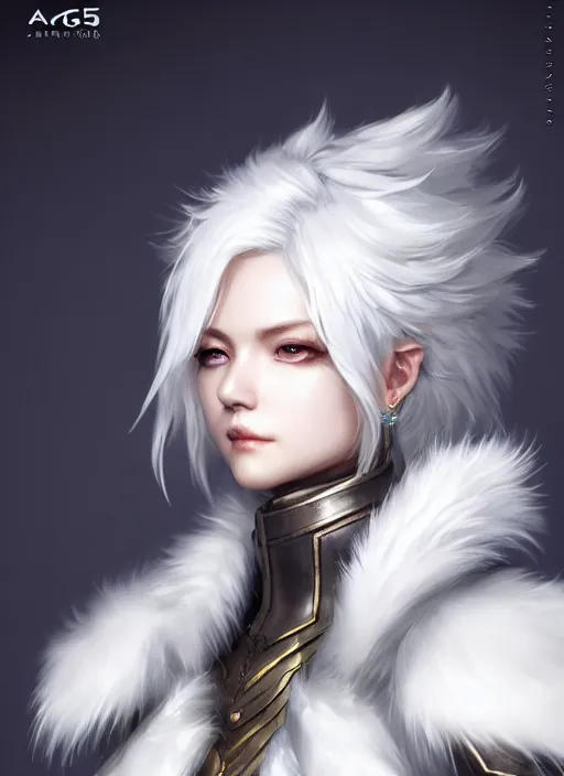 Image similar to fur - lined armor!!! beautiful and elegant white haired female!! gorgeous ayes!! character concept art, sharp focus, octane render! unreal engine 5! highly rendered!! trending on artstation!! detailed linework!! illustration by artgerm, wlop, and chie yoshii