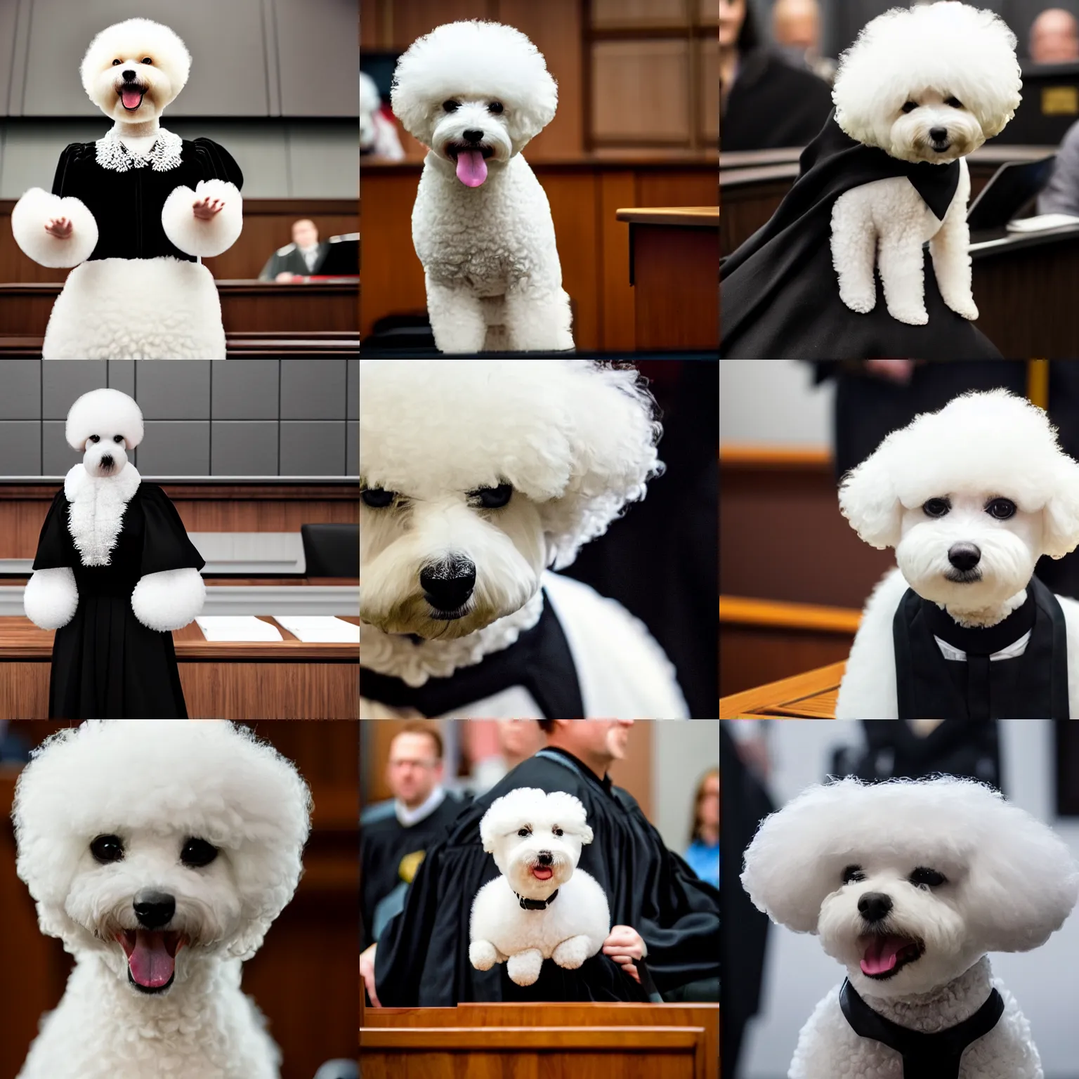 Image similar to a closeup photorealistic photograph of a cute smiling white bichon frise judge wearing a black gown and speaking to the courtroom. this 4 k hd image is trending on artstation, featured on behance, well - rendered, extra crisp, features intricate detail, epic composition and the style of unreal engine.