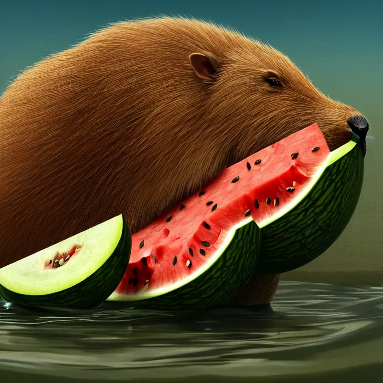 Prompt: a capybara floating in the oceon resting its head on a watermelon cut in half, octane render, trending on artstation, greg rutkowski very coherent symmetrical artwork. cinematic, hyper realism, high detail, octane render, 8 k