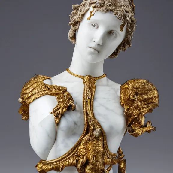 Image similar to a white art nouveau marble and gold head and torso sculpture of a worried young millie bobby brown with long, flowing hair, wearing intricate gold plate armor on her chest, delicate, intricate, smooth, beautiful, by charles van der stappen