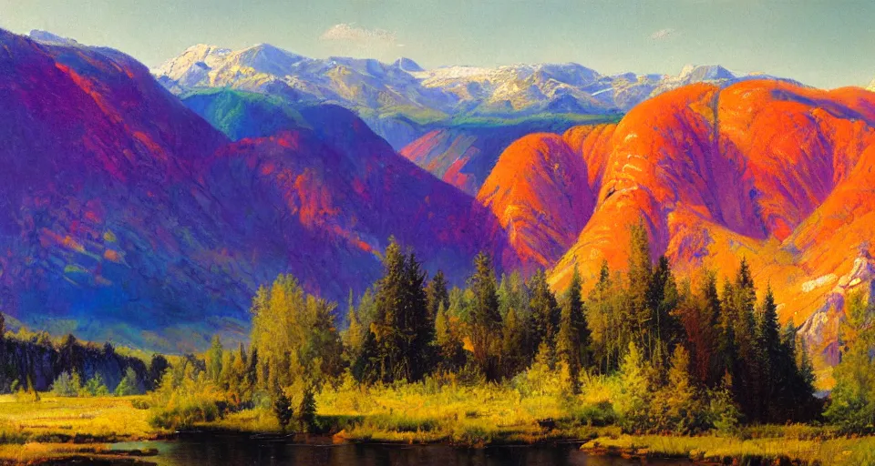 Image similar to Realist colorful impasto painting of the Salmon River mountains by John Harris, 4k scan, oil on canvas,