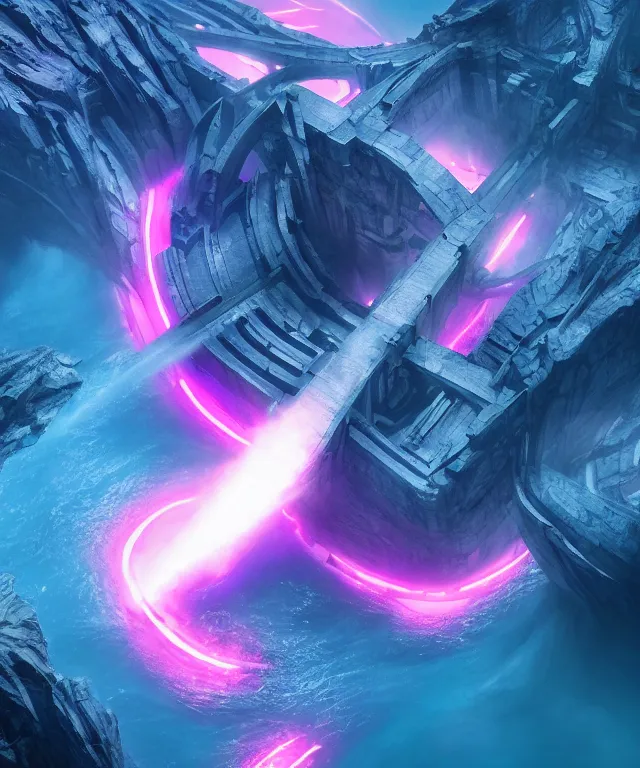 Prompt: charybdis shot from an aerial view, epic scale, fantasy, elegant, crisp 8 k line art, digital painting, artstation, unreal engine, octane render, emissive lighting, concept art, matte, sharp focus, hyper realistic lighting, illustration, deep royal blue and pink color scheme, art by dave kendall