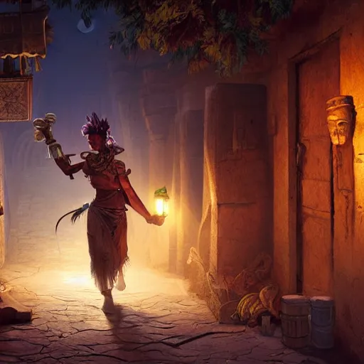 Image similar to A Kajiit sneaking through an egyptian village by night, DnD character, unreal engine, octane render, dramatic lighting, digital art, by Stanley Artgerm Lau, greg rutkowski, thomas kindkade, alphonse mucha, loish, norman Rockwell