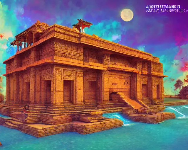 Prompt: ancient indian structure, retrowave epic art, trending on art station