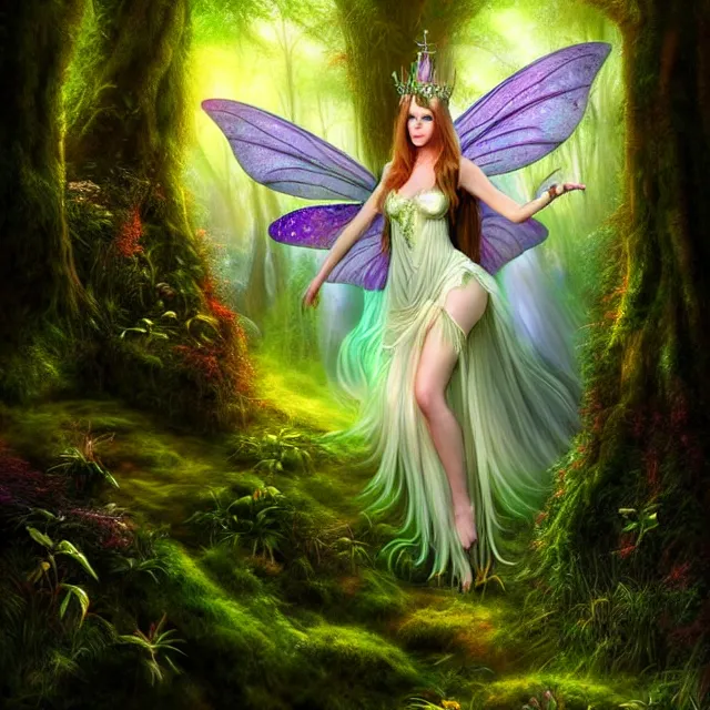 Prompt: beautiful fairy queen in an ethereal forest, highly detailed, 8 k, hdr, anne stokes, photorealistic