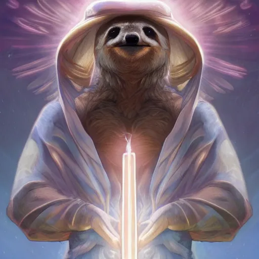 Image similar to godlike sloth, animal sloth, anthropomorphic sloth, deity, holy robes, holy light aura, ultra details, art by artgerm, dwayne barlowe, trending on artstation and greg rutkowski and alphonse mucha, 8 k