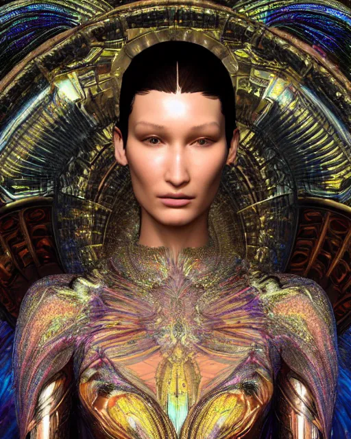 Prompt: a highly detailed metahuman 8 k close up render of bella hadid as alex grey art renaissance in iris van herpen dress schiaparelli in diamonds crystals swarovski and jewelry iridescent in style of alphonse mucha gustav klimt trending on artstation made in unreal engine 4