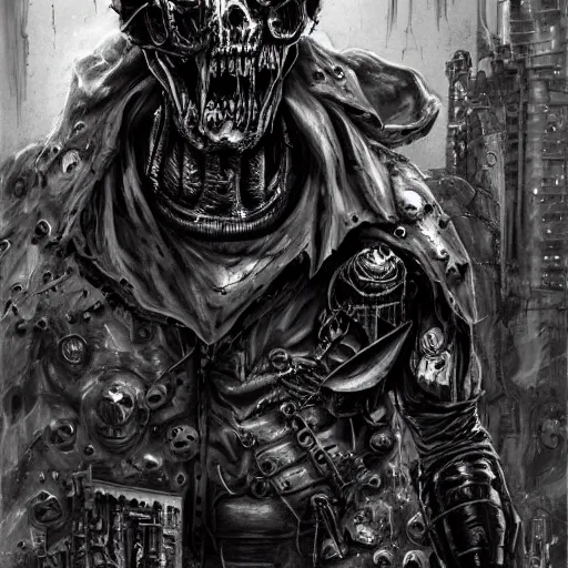 Image similar to a terrifying portrait of judge death as a sherman tank in a cyberpunk city by simon bisley, extremely hyperdetailed, extreme photorealism, eerie low lighting, disturbing evil atmosphere, mixed media illustration, masterpiece, horror, long fangs and claws, intricate, highly detailed, 8 k, artstation, concept art, smooth, sharp focus, full color