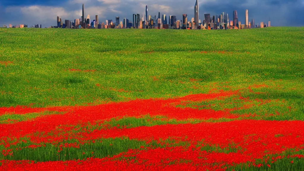 Prompt: dorothy and toto walk down the yellow brick road through a field of poppies, emerald city looms in the distance, technicolor, 4 k