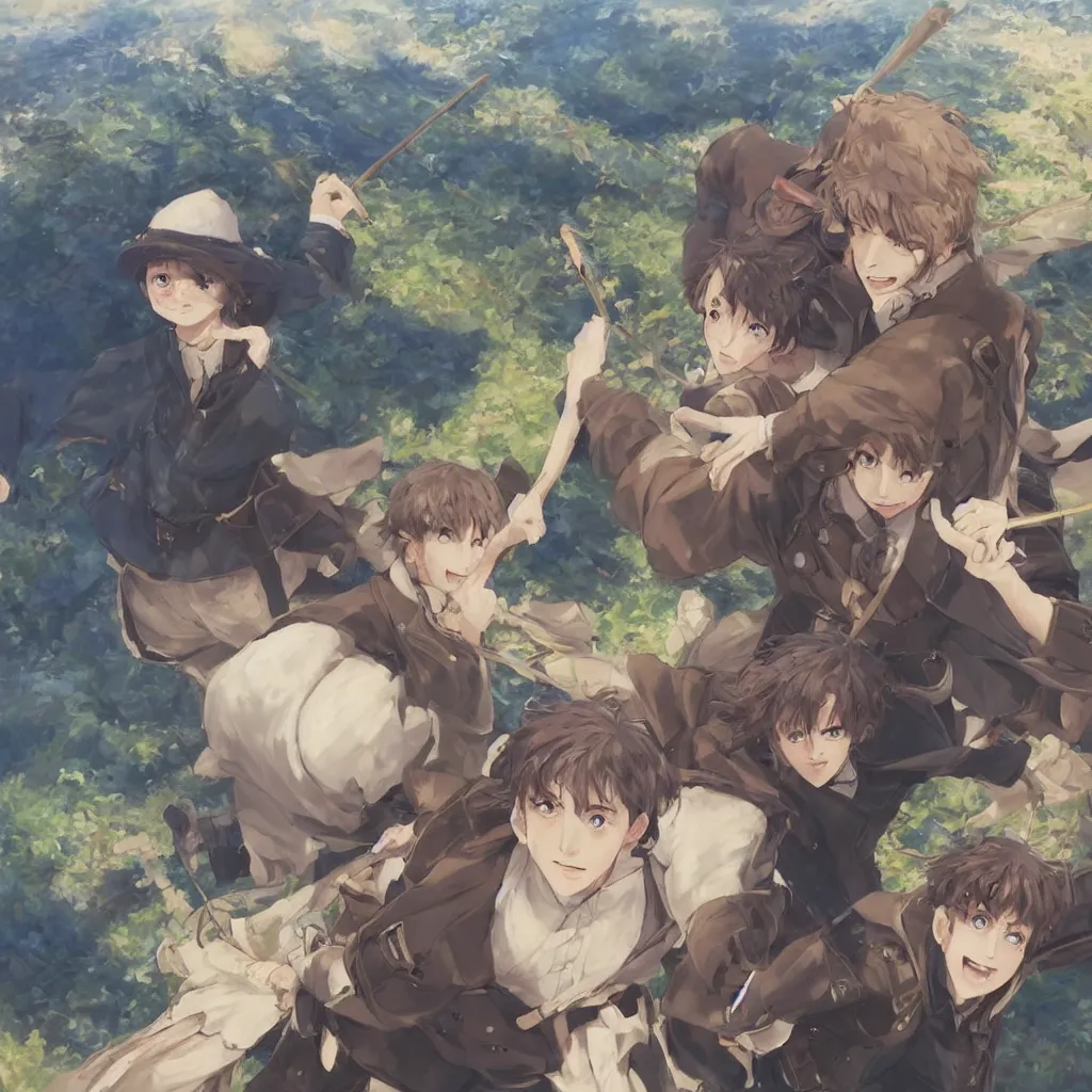 Image similar to Painting of adam sandler and jonah hill jousting in the style of Violet Evergarden, beautiful anime art style, winged eyelashes, countryside, calm, fantasy character portrait, dark outlines, dynamic pose, above view, sunny day, artwork by Makoto Shinkai, very coherent asymmetrical artwork, sharp edges, perfect face, simple form, 100mm