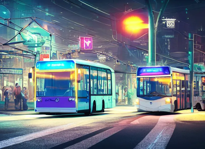 Image similar to trolleybus stands at a stop, headlights shine with neon light, atmospheric, futuristic, cyberpunk, ray tracing global illumination, 8 k resolution, ultra detailed