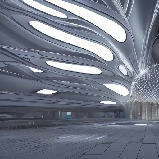 Prompt: a futuristic cyberpunk temple designed by zaha hadid, unreal engine, night lights, the evolution of humans shown in architectural drawing section