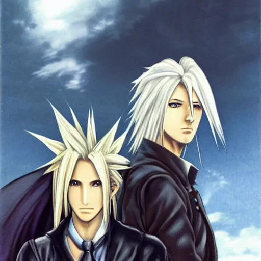 Prompt: cloud strife and sephiroth, style of american gothic