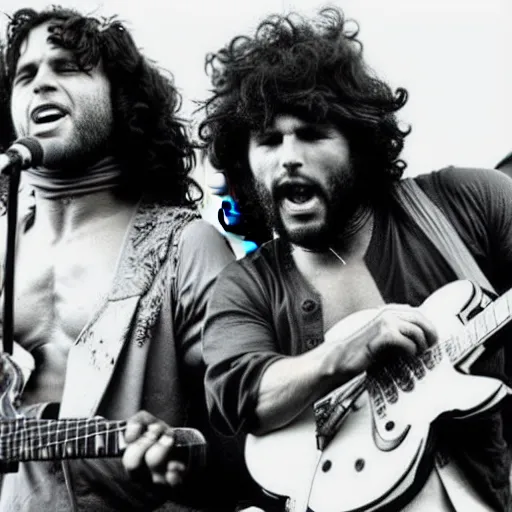 Image similar to Jim Morrison and Thundercat playing music together on stage at Woodstock