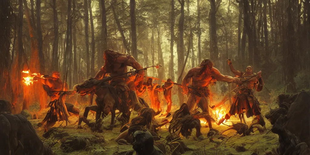 Prompt: barbarian norse god pushes an attacking racen from his face, dense forest, dusk, sunset, campfire, horizontal symmetry inception good composition artstation illustration sharp focus, vista painted by ruan jia raymond swanland lawrence alma tadema zdzislaw beksinski norman rockwell tom lovell alex malveda greg staples