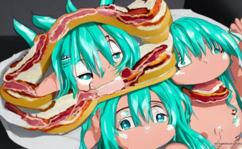 Image similar to Hatsune Miku inside a sandwich with bacon and too much mayonnaise