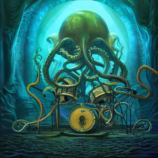 Image similar to dystopian fantasy undersea rock concert. On stage, the drummer is Cthulhu squid woman with tentacles playing a big rock&roll drum kit, by Philipp A. Urlich and Pengzhen Zhang an Andreas Rocha, fantasy, intricate, elegant, highly detailed, digital painting, artstation, blender, unreal engine 5, octane render, smooth, sharp focus, illustration