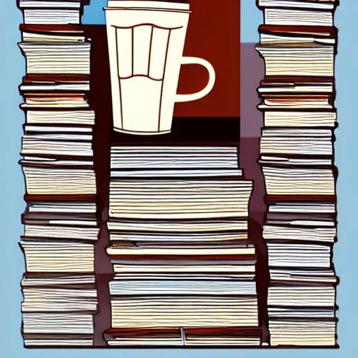 Prompt: Poster of a Cup of coffe on a stack of books, digital art, award winning, trending on artstation, art by artgerm and patrick nagel