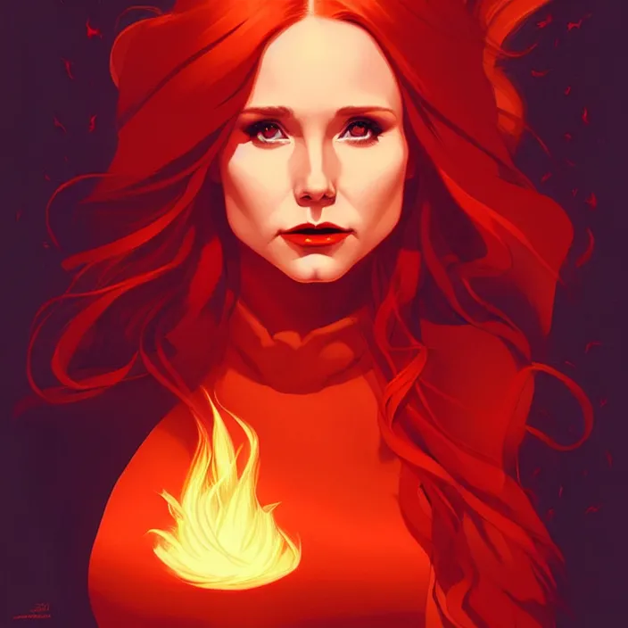 Image similar to style artgerm, joshua middleton, beautiful kristen bell with dark red dress, very long orange hair, symmetrical face, symmetrical eyes, fire powers fire swirling, detailed, volcano setting, cinematic lighting