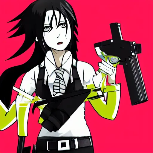 Image similar to mukuro ikusaba from danganronpa holding a gun, clean lines