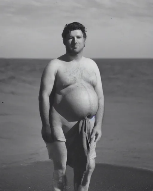 Prompt: 1800's photograph of a heavily pregnant handsome!!! man in his 20s on the beach, high quality image