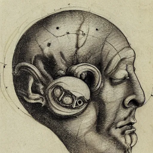 Image similar to head with four faces creature, drawn by da vinci