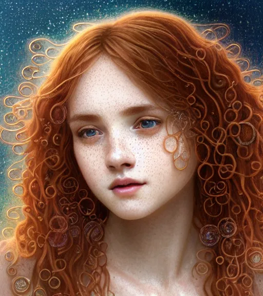 Prompt: portrait of teenage aphrodite, light freckles, curly copper colored hair, smiling kindly, wearing an embroidered white linen dress, lace neckline, intricate, elegant, mother of pearl jewelry, glowing lights, highly detailed, digital painting, artstation, concept art, smooth, sharp focus, illustration, art by wlop, mucha, artgerm, and greg rutkowski