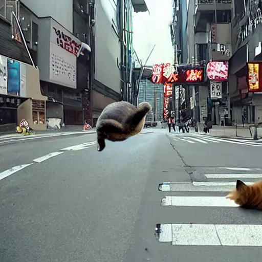 Prompt: a giant cat wrecking downtown tokyo, cinematic movie still