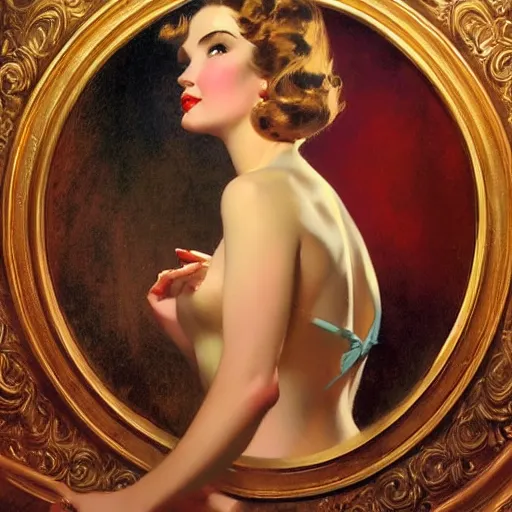 Image similar to portrait of a beautiful woman, intricate, elegant, highly detailed, by gil elvgren, greg manchess, mucha