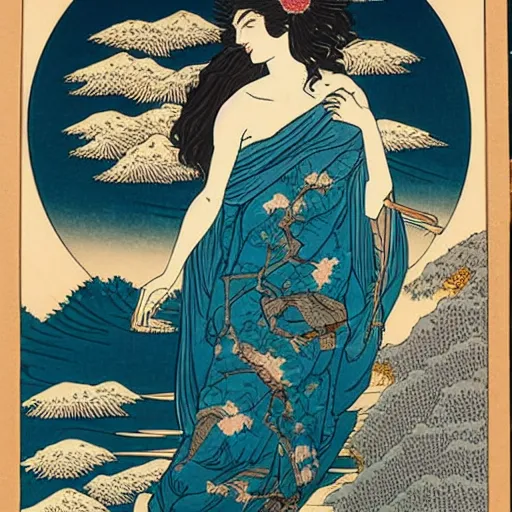 Prompt: Lorde reincarnated as Aphrodite in the style of Hokusai