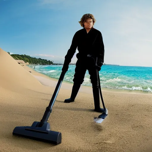 Prompt: anakin skywalker vacuuming the beach to remove all the sand, 4k 15mm wide angle lens. Ultra HD