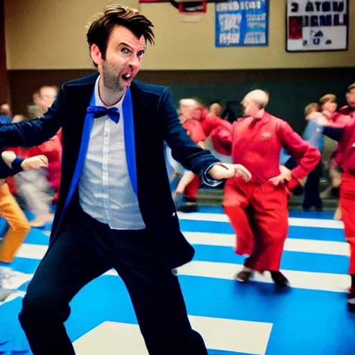 Prompt: closeup promotional image of an David Tennant as Doctor Who at a polka dance-off contest at the YMCA basketball gym, around the gym everyone is cheering, in the background the Tardis door is wide open to the interior, frenetic, quirky, movie still, promotional image, imax, digital art, hyper detailed, sharp focus, f8