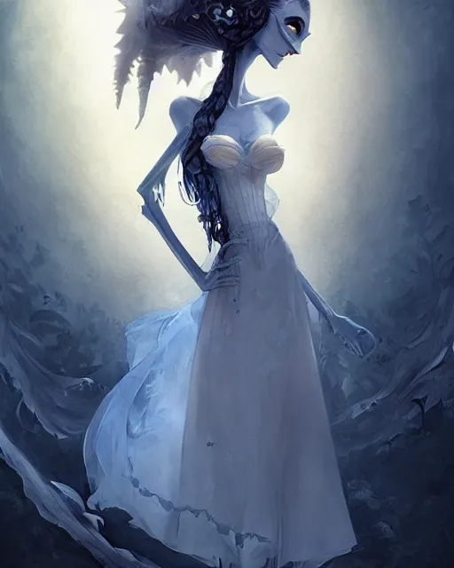 Image similar to elegant mysterious gracious undead victoria everglot from the corpse bride, portrait, illustration, the land of the death, skeletal hand, rim light, top light, summer clear blue sky, perfectly shaded, soft painting, art by krenz cushart and wenjun lin