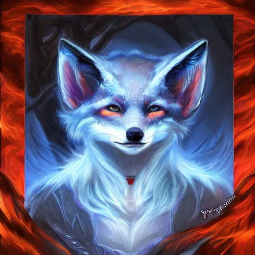 Image similar to a painted avatar portrait of an awesome powerful humanoid kitsune fox mage themed around life and death, in the style of dnd beyond avatar portraits, beautiful, artistic, elegant, lens flare, magical, lens flare, nature, realism, stylized, art by jeff easley