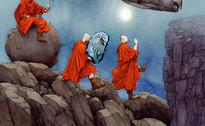 Image similar to a hyperrealist watercolour concept art of a group of grey monks levitating a huge rock in the air over their head. it is a misty night on the moors of ireland. by rebecca guay, michael kaluta, charles vess and jean moebius giraud. high detail, hq, wide shot