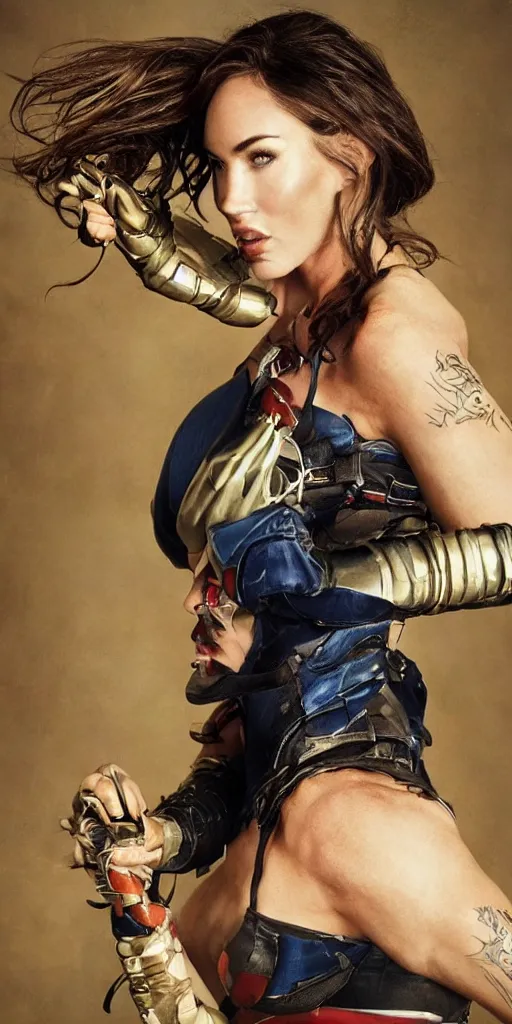 Prompt: portrait of Megan Fox as a super hero, highly detailed, photographed by Annie Leibovitz.