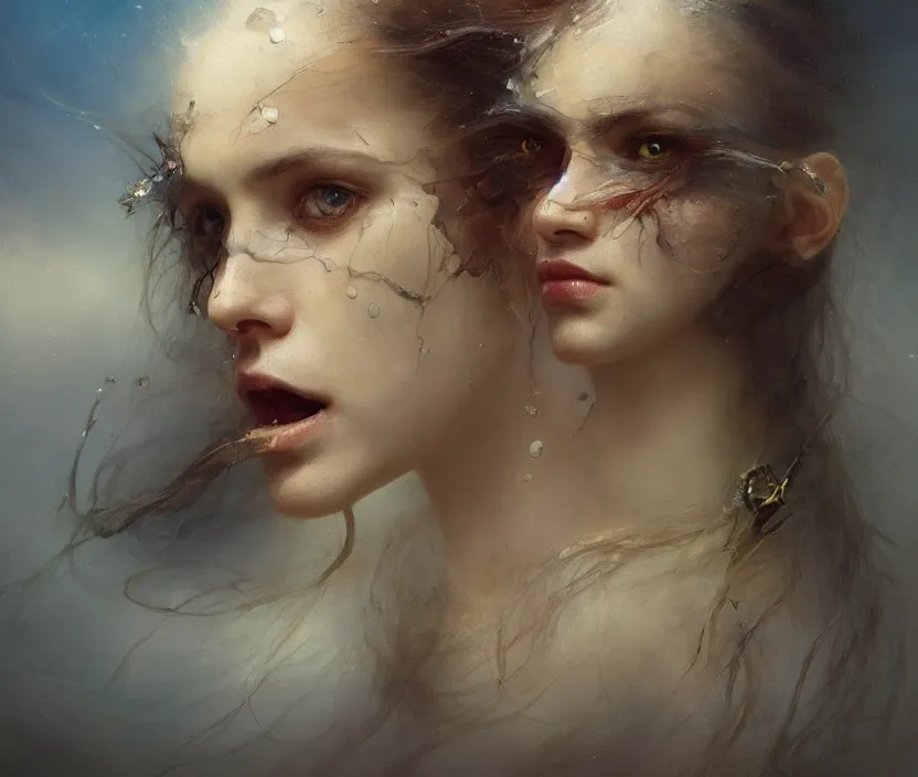 Prompt: three-quarters portrait with papery flaking skin, piercing multi-colored eyes, underwater flowing hair, dreams of the fae; painted in oil on canvas; highly detailed surrealism by Aleksi Briclot and Ivan Aivazovsky; 8k; masterpiece, award-winning, sharp focus, artstation