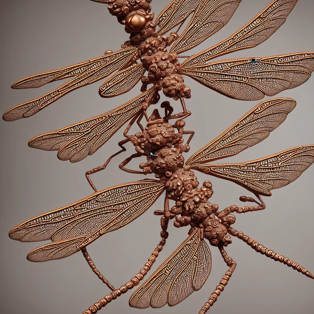 Prompt: A single Close up photo-real delicate ceramic porcelain sculpture of an ornate Symmetrical dragonfly detailed in front of an intricate background by Victo Ngai and takato yamamoto, micro detail, backlit lighting, face in focus, subsurface scattering, translucent, thin porcelain, octane renderer, colorful, physically based rendering, japanese pottery, trending on cgsociety
