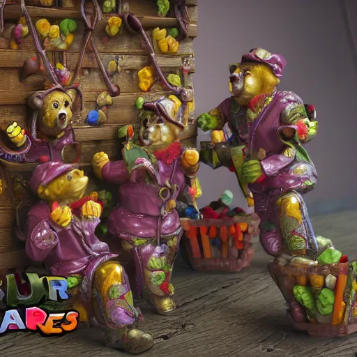 Prompt: gummi bears free candy prisoners from the candy store, ornate, highly detailed, UE5, 3D render, movie still