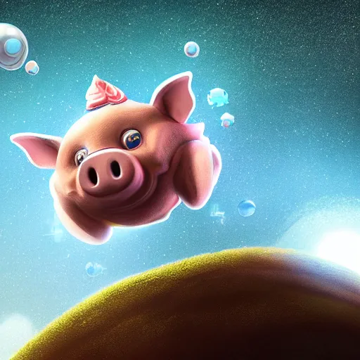 Image similar to 3D Fantasy Cute and adorable mecha piggy floating in space, bright stars, Smooth 3D Illustration, soft render, Servando Lupini, Daniil Kudriavtsev, handpaint texture, Blender, 3DCoat