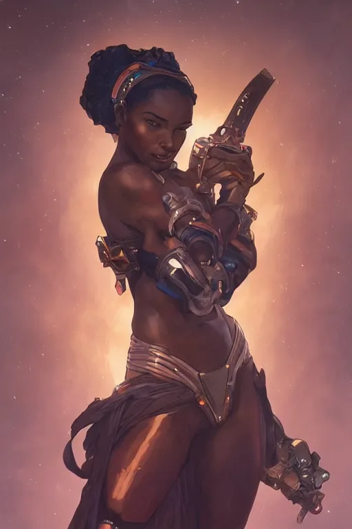 Prompt: heroic image of an african woman space pirate art by artgerm and greg rutkowski and alphonse mucha and Charlie Bowater Trending on artstation, artstationHD, artstationHQ, 4k, 8k