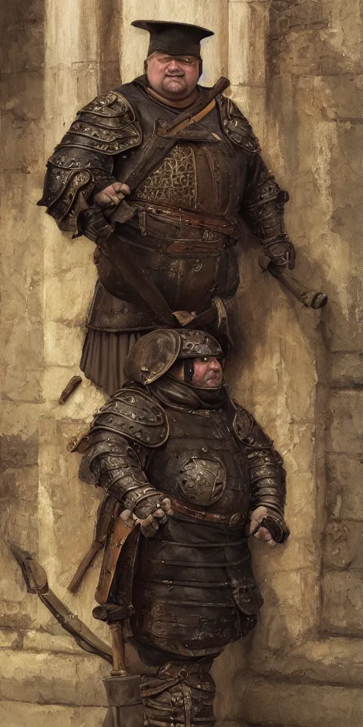 Prompt: fat old drunk medieval guard, detailed, centered, digital painting, artstation, concept art, donato giancola, Joseph Christian Leyendecker, WLOP, Boris Vallejo, Breathtaking, 8k resolution, extremely detailed, beautiful, establishing shot, artistic, hyperrealistic, beautiful face, octane render, cinematic lighting, dramatic lighting, masterpiece