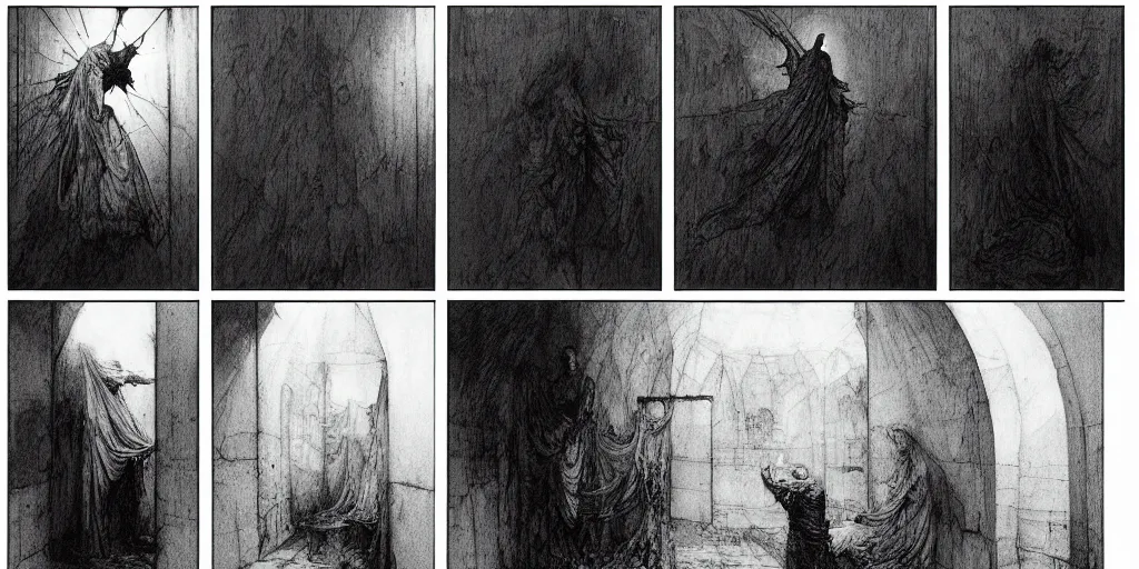Prompt: 3 panel comic scene, graphic novel layout of a portrait priest exorcism in an insane asylum by beksinski and mucha, foreshortening and movement